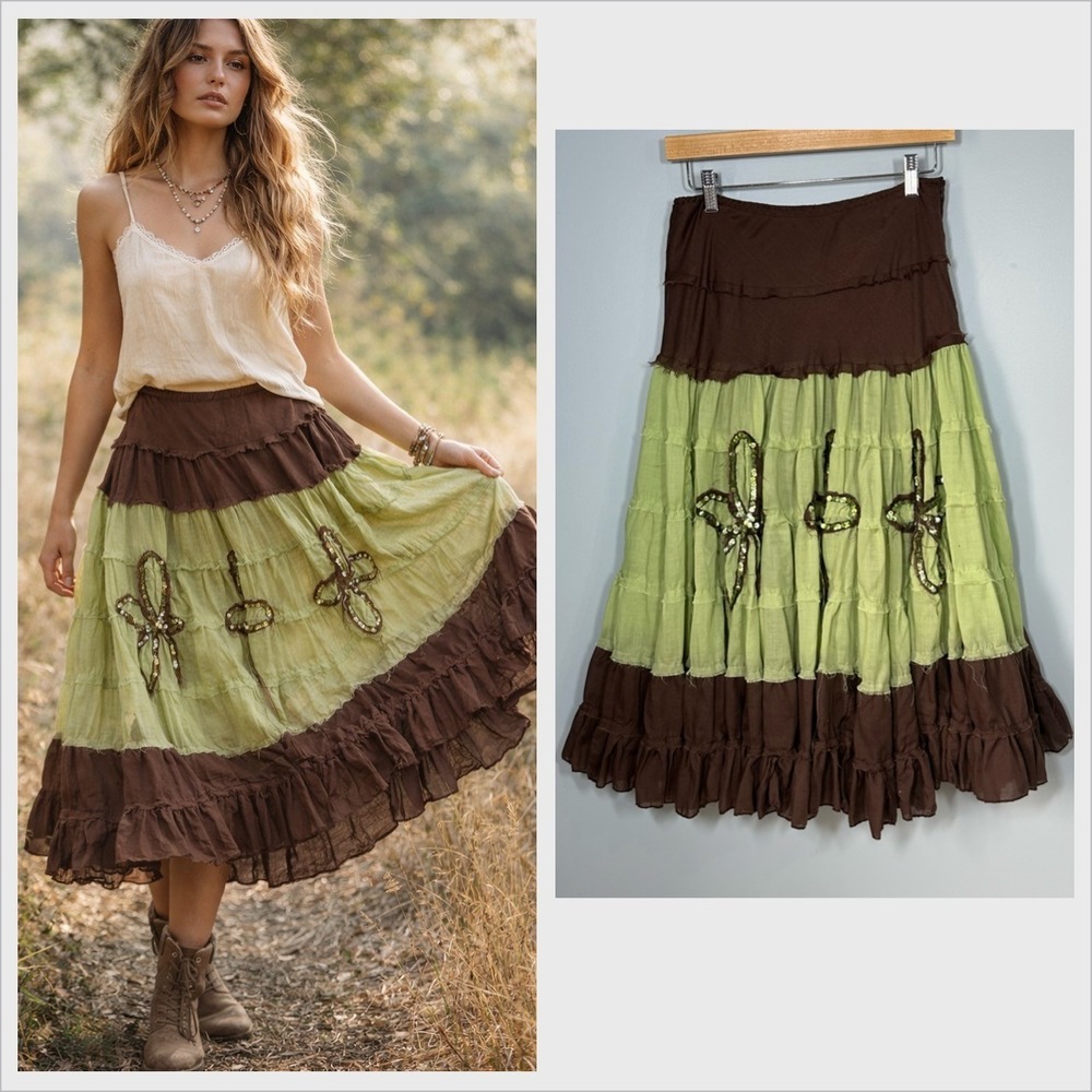 L'Pogee Boho Tiered Midi Skirt Raw Edges Prairie Whimsical Festival Shabby Sz M